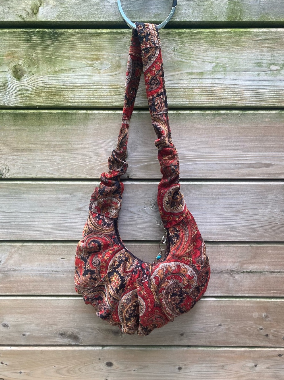 Funky Boho/Festival Shoulder Bag - Paisley Velvet Brocade w/bangle zipper pull